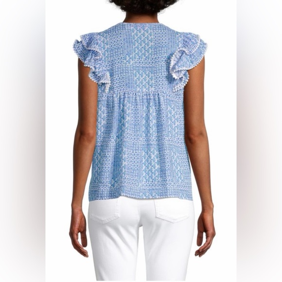 Vineyard Vines Patchwork Ruffle Sleeve Top Silk Blend Size Large - Picture 2 of 11
